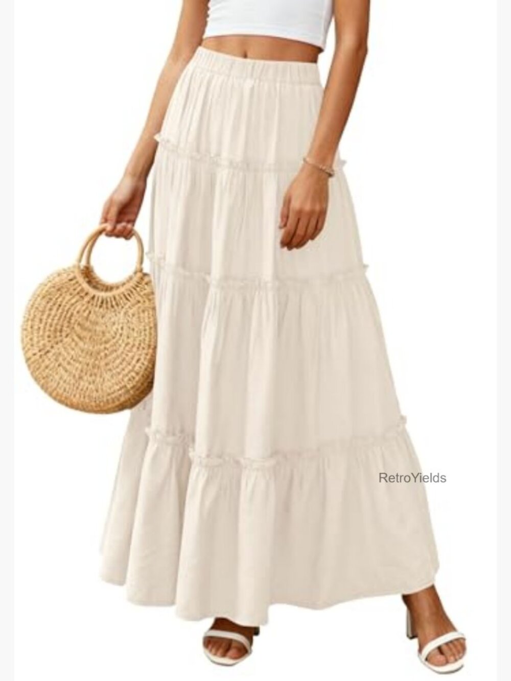 Boho Maxi Skirt with Pockets High Waisted Tiered A-Line Flowy Long Skirt - Picture 5 of 7